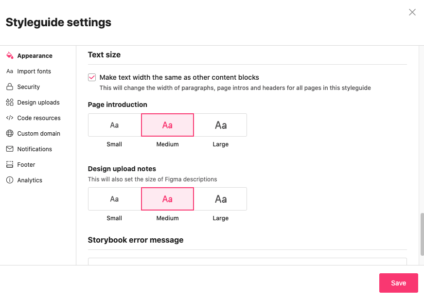 Text size options in the Appearance section of the styleguide settings