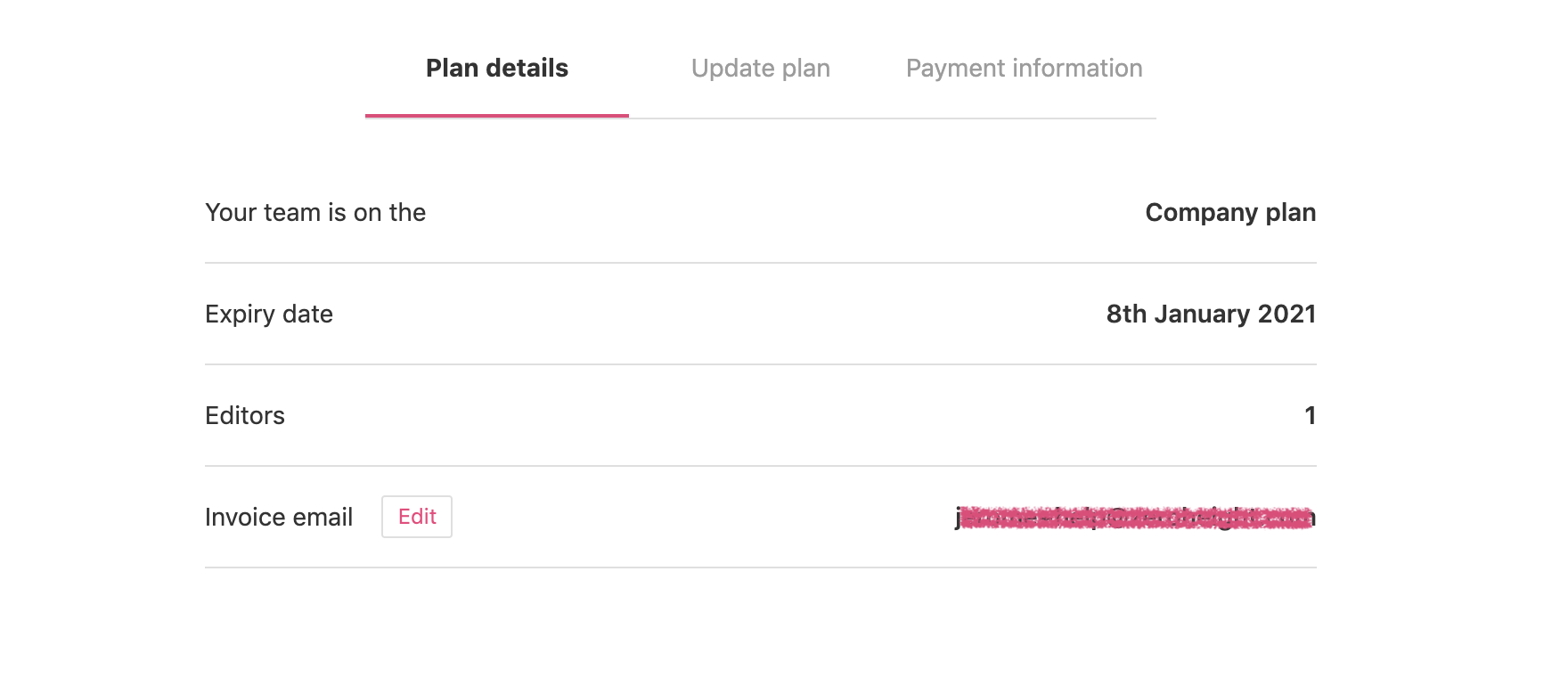 Plan details tab shows where you can edit the invoice email
