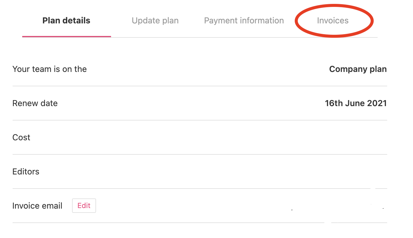 Red circle around the Invoices tab in the Billing page