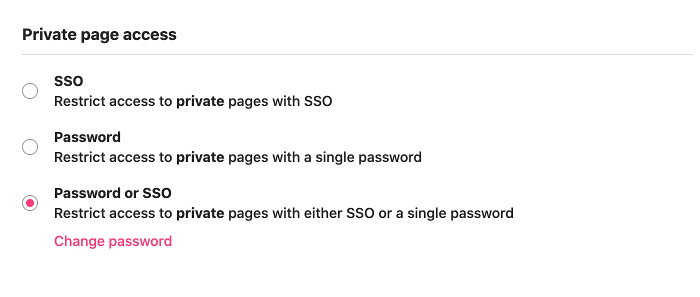 Password or SSO option selected in the Private page area of the Security section in the Styleguide settings