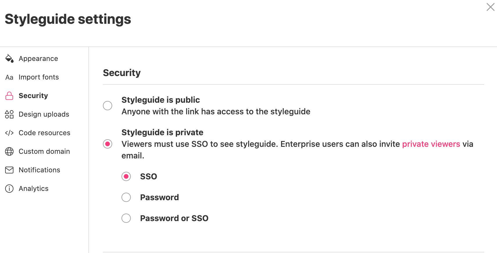 Security section in the Styleguide settings