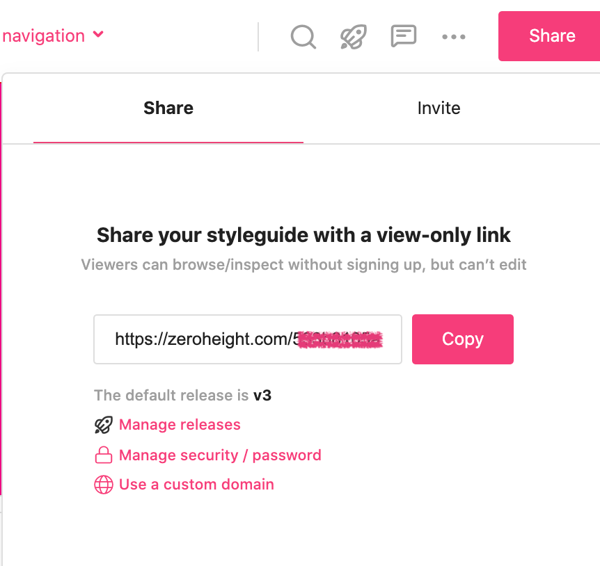 Share window in zeroheight to get styleguide URL