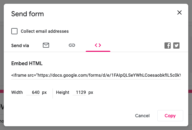Send form window in Google Forms