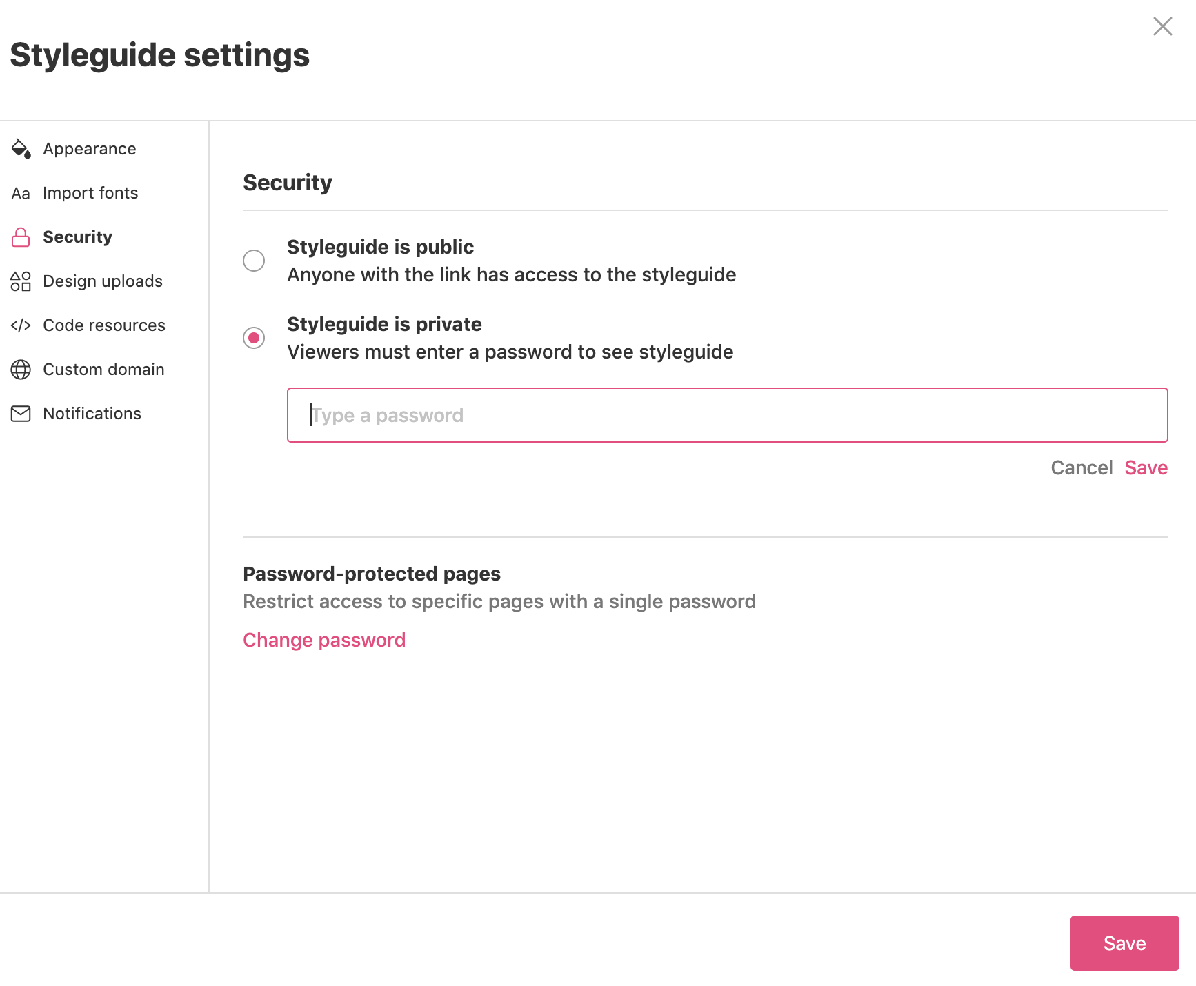 Styleguide is private option is selected in the Security section in the Styleguide settings