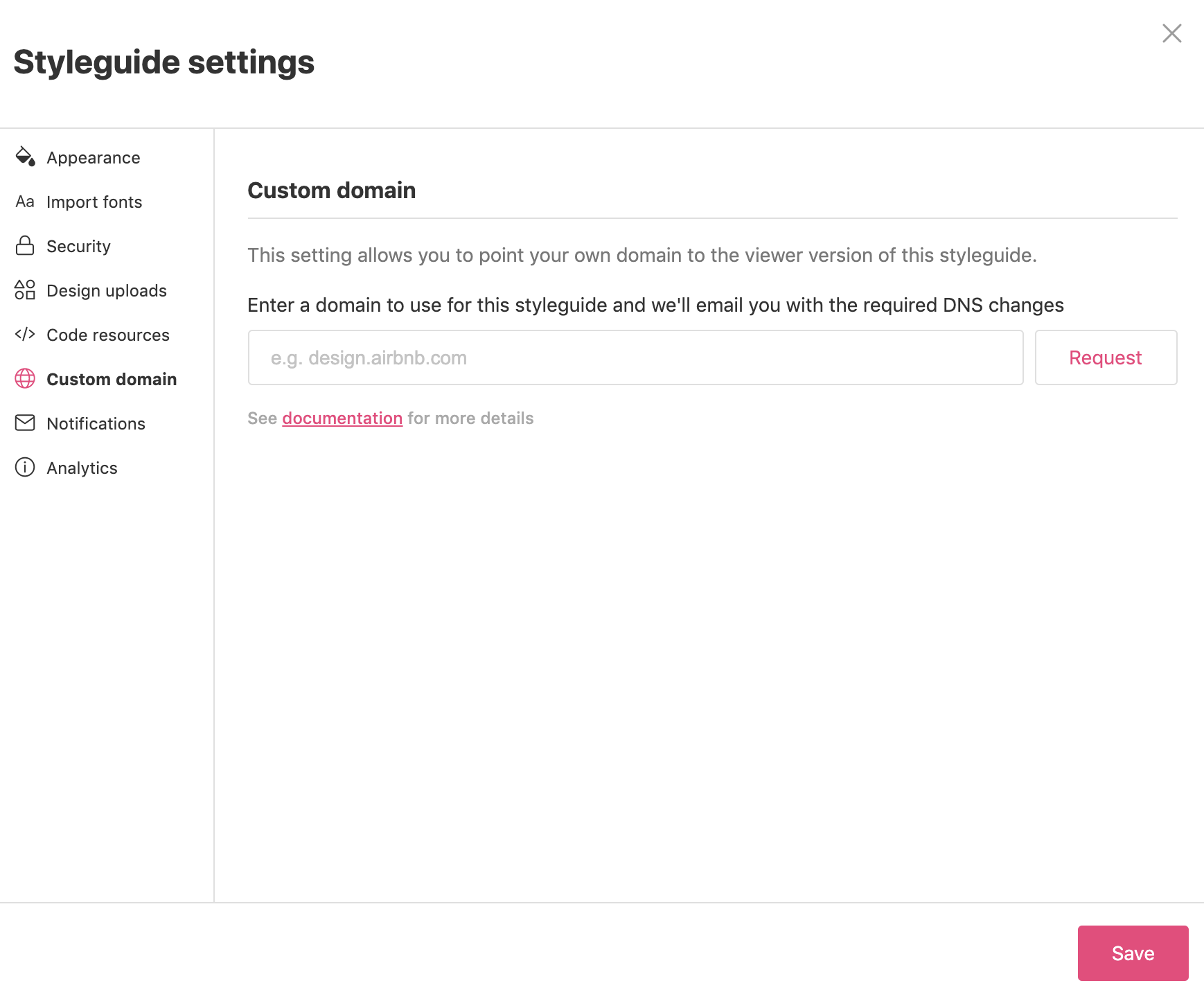 Custom domain page in Styleguide Settings