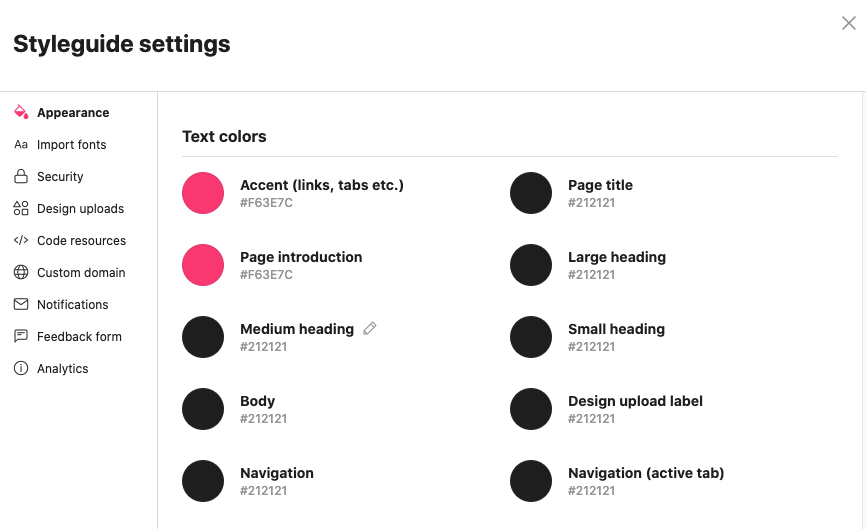 Change page introduction color in the Appearance section in the Styleguide Settings