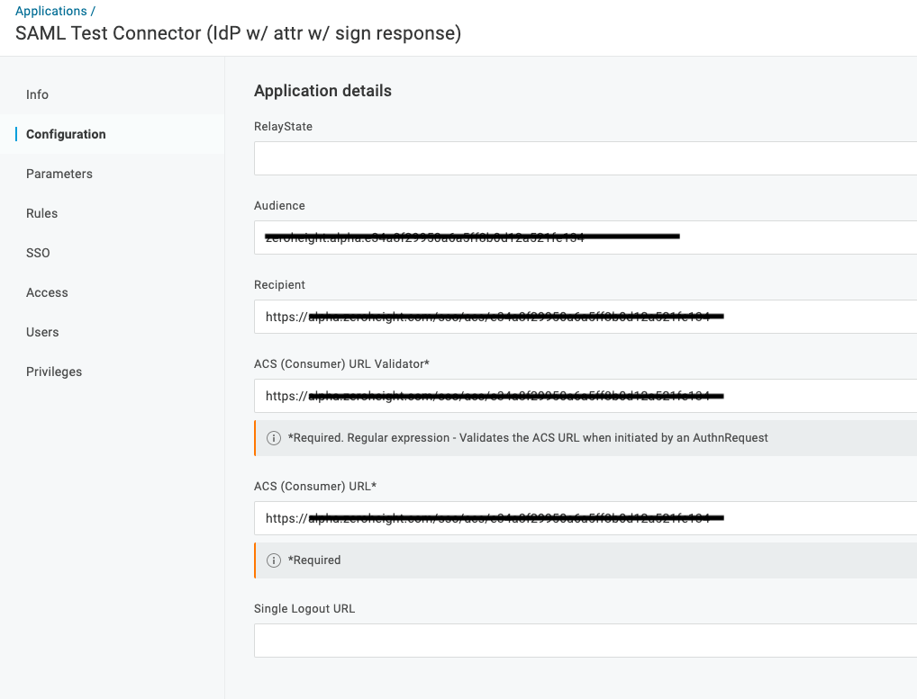 Application details in Configuration section in SAML Test Connector (idP w/ attr w/ sign response)