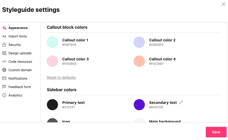 Custom callout block color options in the styleguide settings