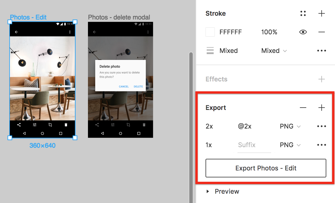 Red rectangle around the Export section in Figma