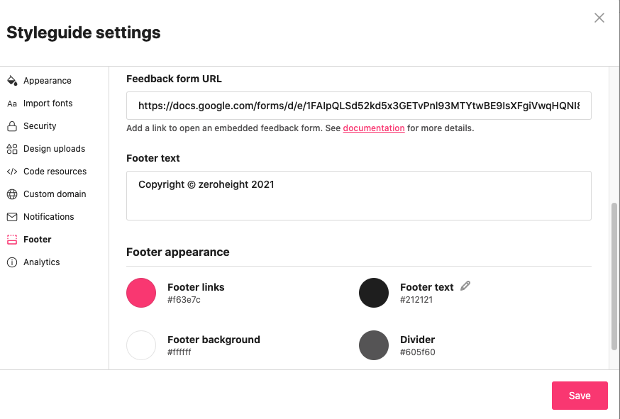 Footer appearance section in the Footer section of the Styleguide Settings