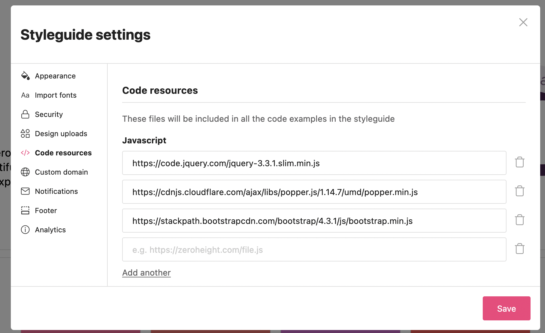 Code resources section in the styleguide settings