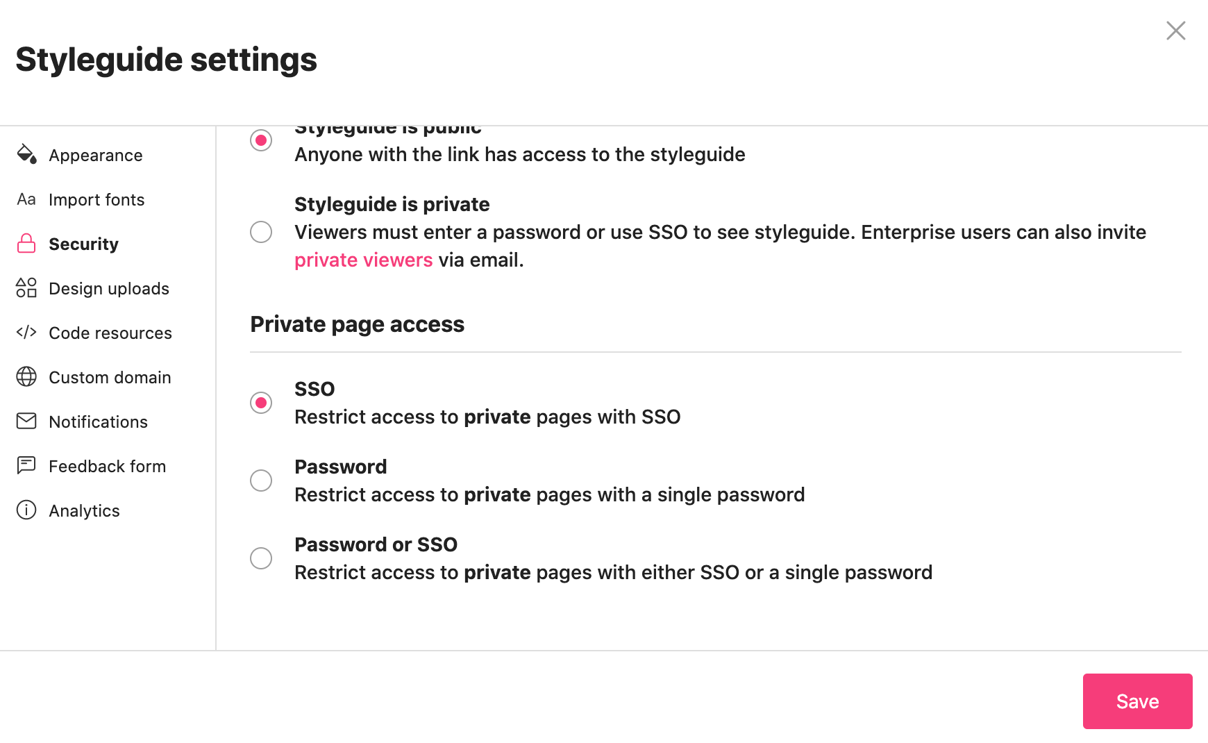SSO option selected in the Private page area of the Security section in the Styleguide settings