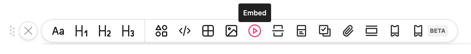 Embed function hovered over in the zeroheight toolbar.
