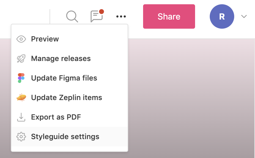 Styleguide settings hovered over in the three dots menu