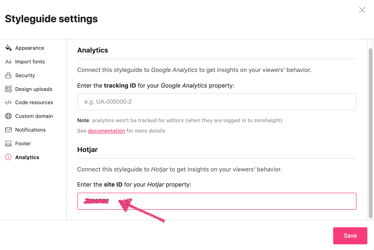 Analytics section in the Styleguide Settings to paste Site ID
