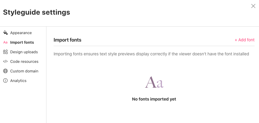 Import fonts section in the Styleguide Settings