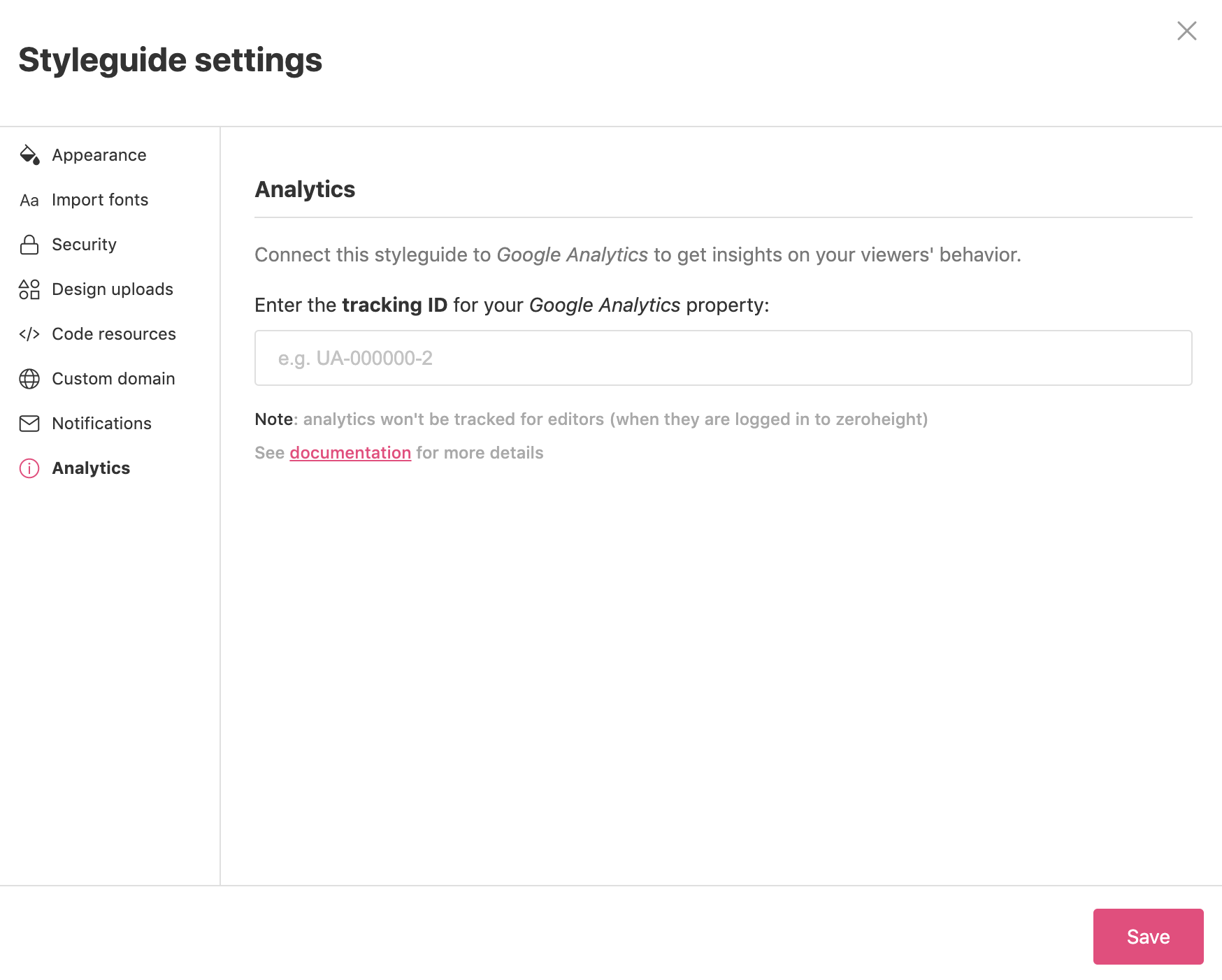 Analytics section in the Styleguide Settings