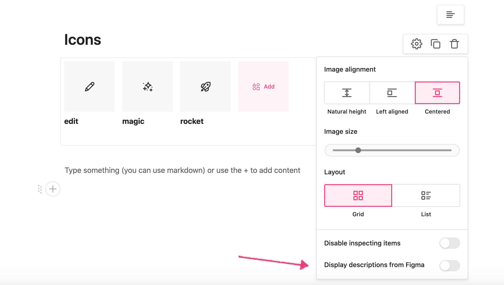 Design uploads block setting shows display descriptions from Figma function.