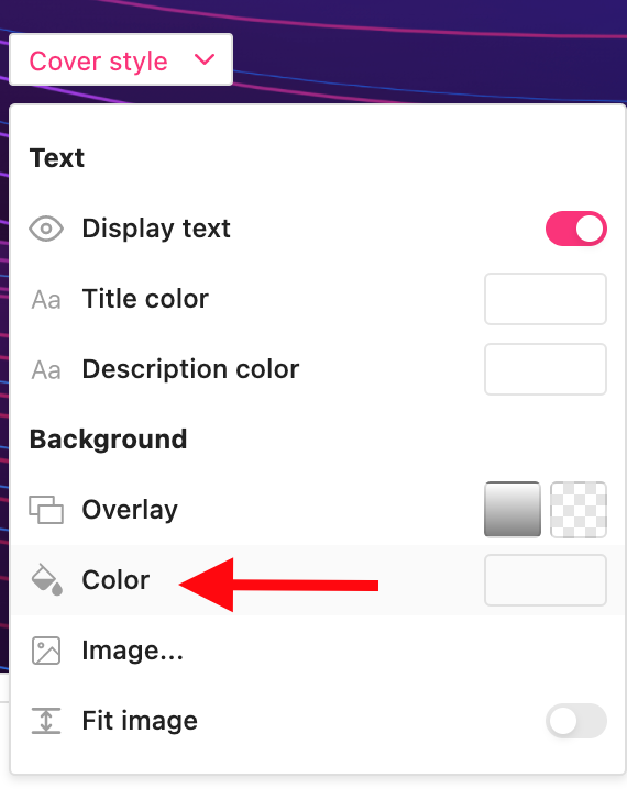 Red arrow pointed to color function in the Cover page settings