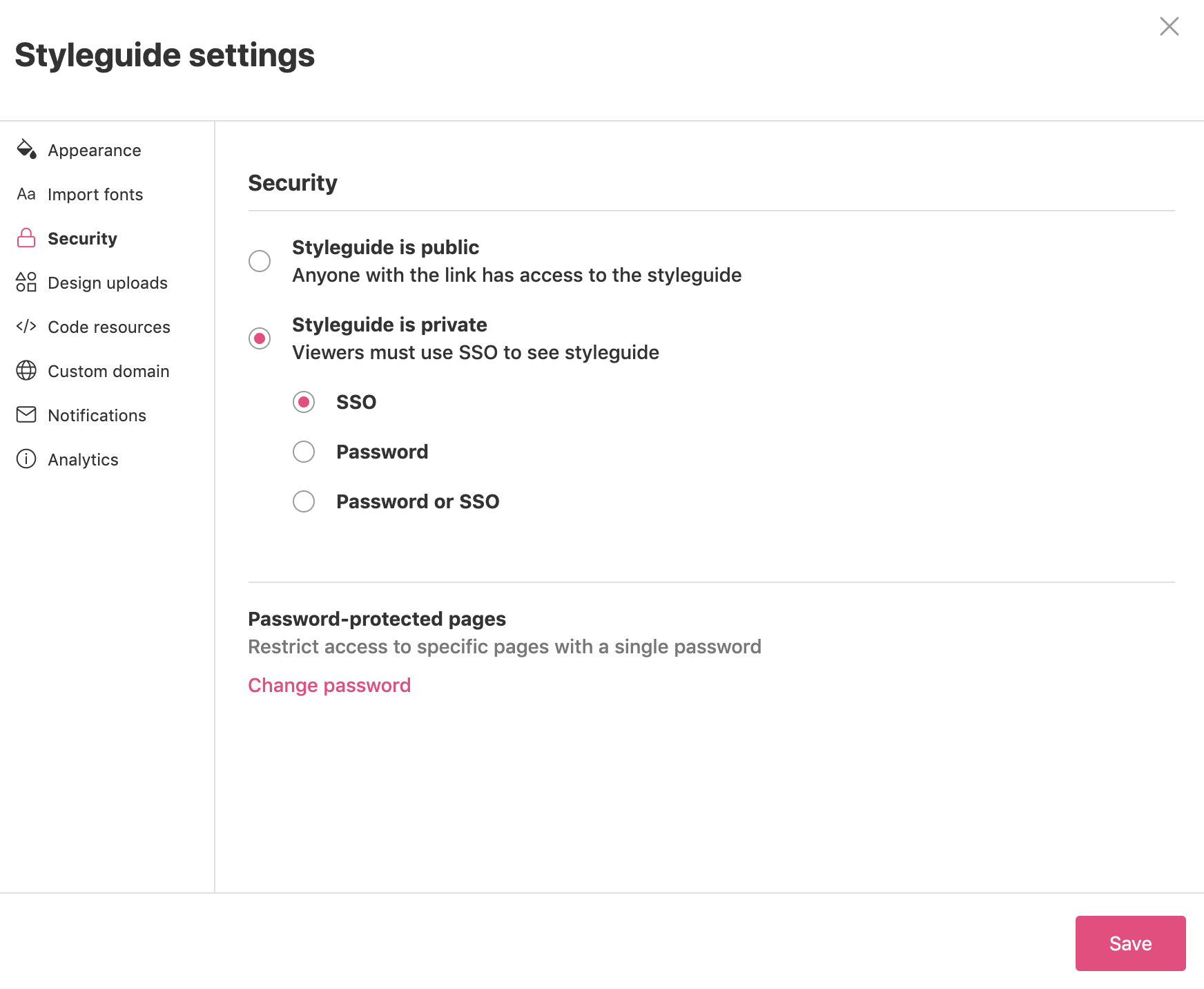 Security section in the Styleguide settings