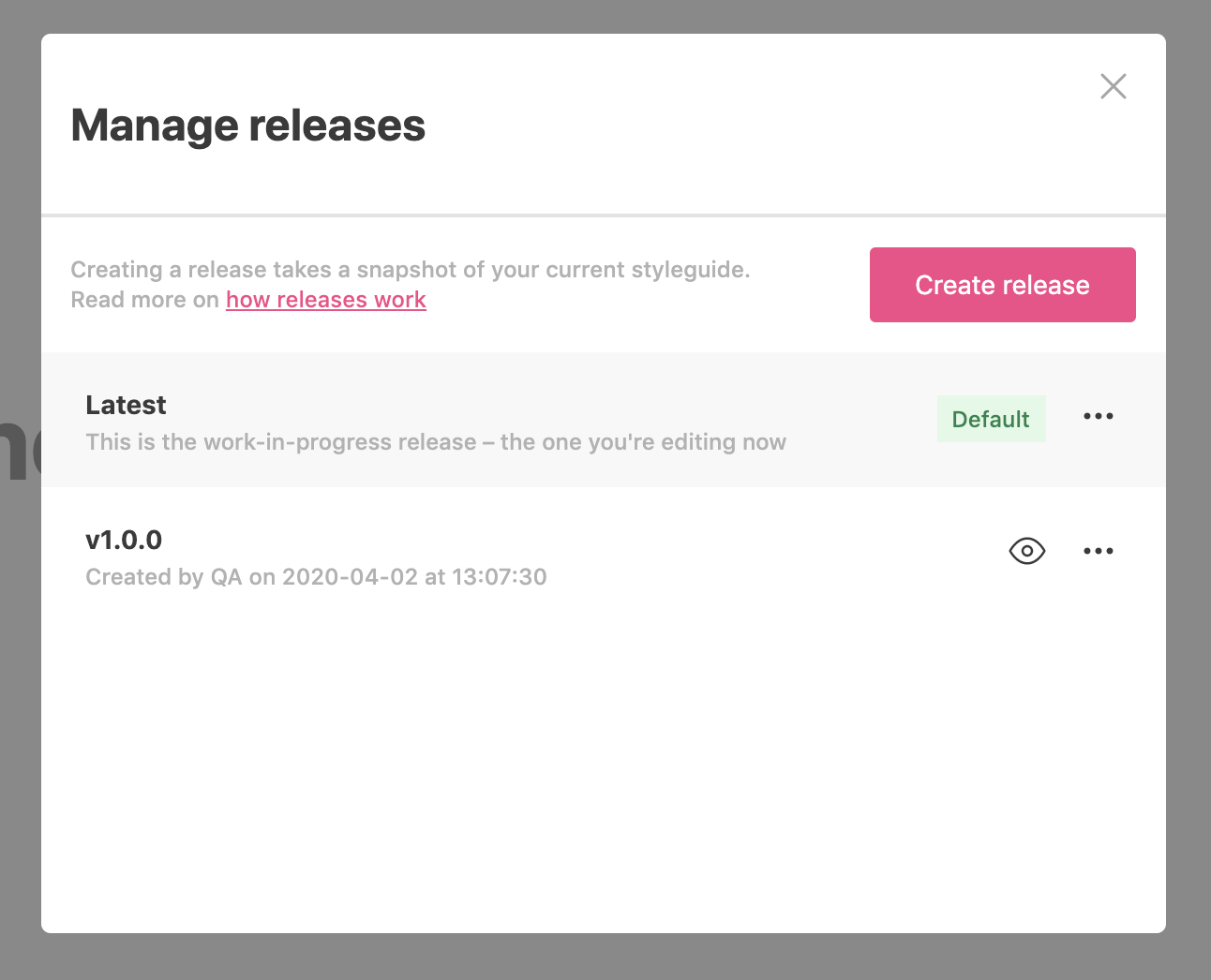 Manage releases window with releases
